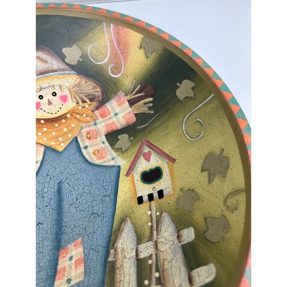 Vintage Scarecrow Bowl Fall Folk Art Crow Farmhouse Hand Painted Wooden Decor - Picture 5 of 16